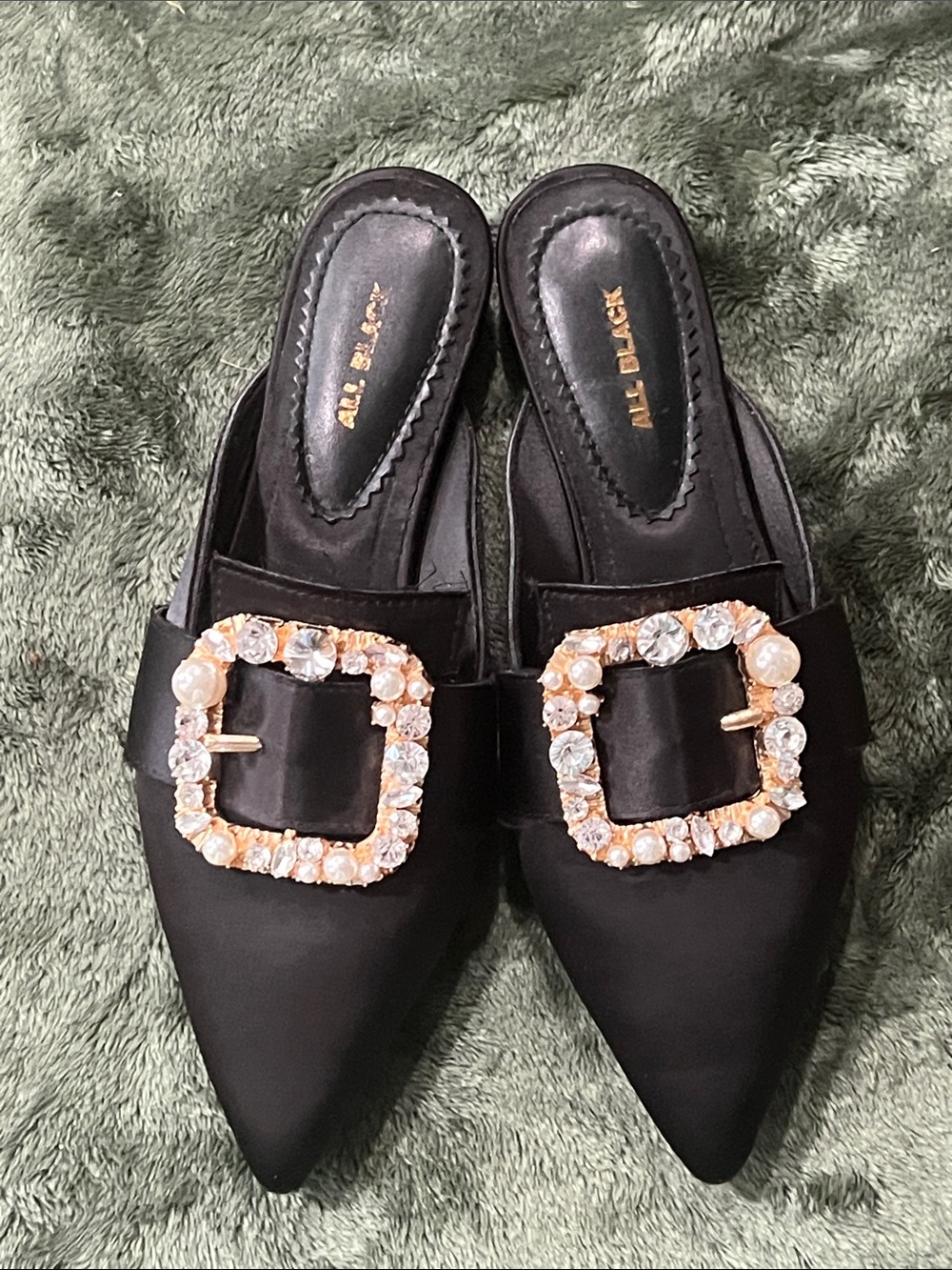 Black Satin Pointed Slide Mules with Jeweled Buckle